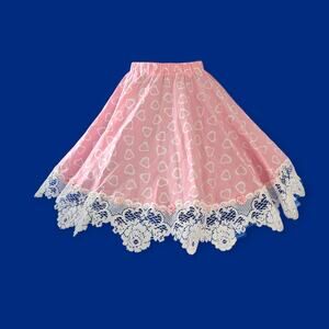 Heart Print Pink Square Dancing Skirt - Cream Lace and Ribbon flowers